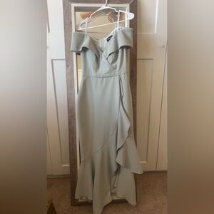 Xscape Asymmetrical Ruffle Dress Sage Green